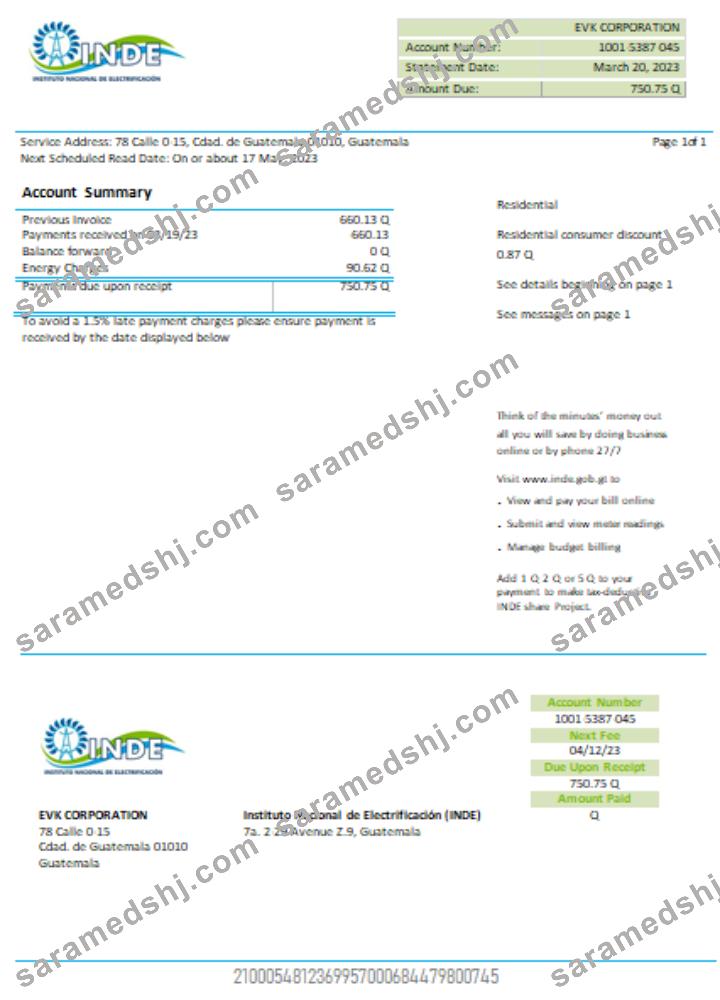 INDE Instituto Nacional De Electrificacion electricity utility business bill, SCR